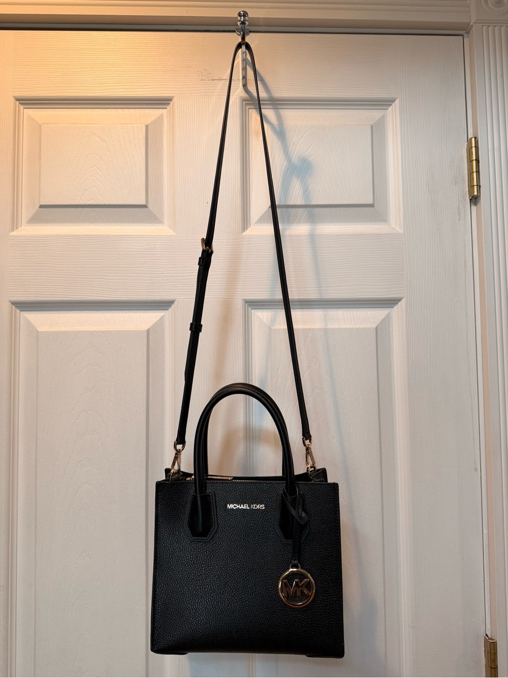 Michael Kors Black Peopled Leather Crossbody Satchel with Gold Hardware